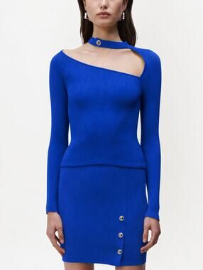 NEW Jonathan Simkhai Lysette Asymmetrical Top Large Blue Ribbed Knit Long Sleeve